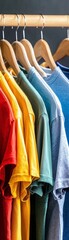 Colorful T-shirts Hanging on Wooden Hangers.