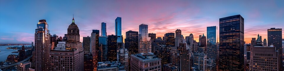 Obraz premium A vibrant cityscape of Massachusetts at dusk, showcasing the iconic landmark with high-rise buildings . The sky is painted with hues of blue and purple as the sun sets behind them