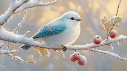 A Snowy Winter Scene with a White Bird Perched on a Branch with Red Berries