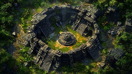 Naklejka premium Aerial View of Ancient Mayan Ruins Overgrown by Lush Jungle Vegetation. This digitally rendered image depicts a circular stone structure, possibly a temple, reclaimed by nature.