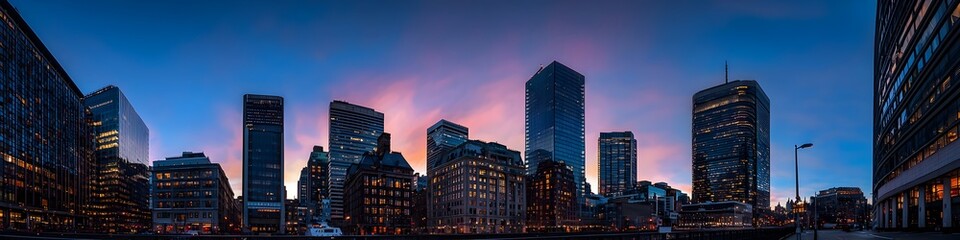 A vibrant cityscape of Massachusetts at dusk, showcasing the iconic landmark with high-rise buildings . The sky is painted with hues of blue and purple as the sun sets behind them