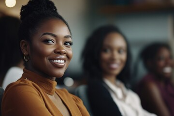 Smiling black woman in meeting, engaged conversation colleagues