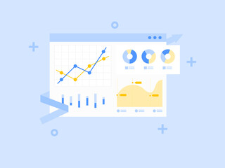 Data analytics, strategy and online market planning report on the desktop. Dashboard Business growth is up.
