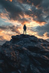 Silhouette of person on rocky peak at sunrise, with vast cloudy sky and stars in background.