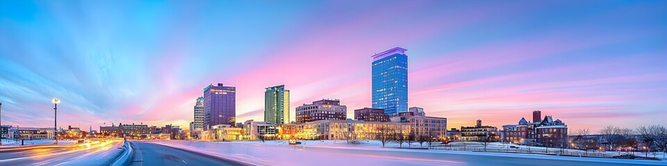 Obraz premium A vibrant cityscape of Massachusetts at dusk, showcasing the iconic landmark with high-rise buildings . The sky is painted with hues of blue and purple as the sun sets behind them