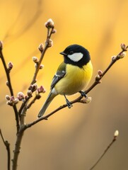 Obraz premium A chickadee, a small, yellow and black bird, is perched on a tree branch with flowers blooming in the background. The scene captures the essence of springtime.