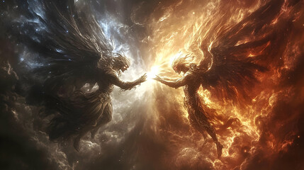 Obraz premium Angelic Beings Exchange Celestial Energy in a Fiery, Cosmic Digital Painting