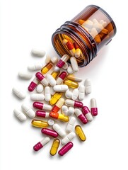 Colorful medicine pills scattered on a white background.