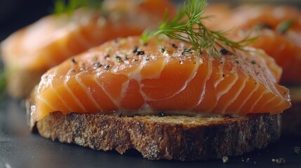 Freshly made salmon sandwich with thin slices of breadsticks and sprigs of dill on top, served with a side of crackers. Ideal for light meals or brunch.