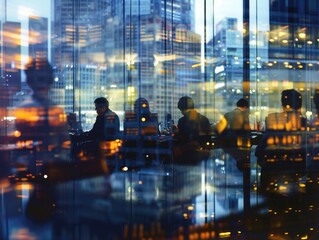 People in office, working late, night-lit