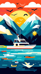 A vibrant landscape featuring a yacht sailing in a serene lake, surrounded by mountains, birds, and a colorful sunset.