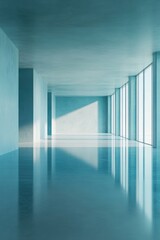 Modern architecture hallway with blue flooring and walls, large windows, and geometric shapes on the floor.