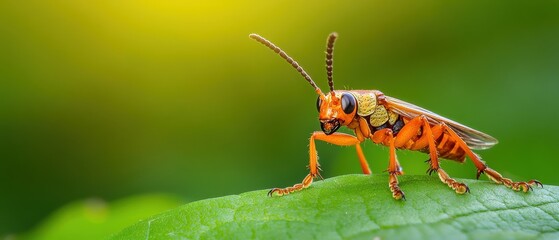 Small orange insect walking on green leaf close-up detail shot