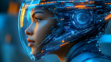 Futuristic Cyborg Woman in a Transparent Helmet with Glowing Digital Interface,  Sci-Fi Digital Art Illustration