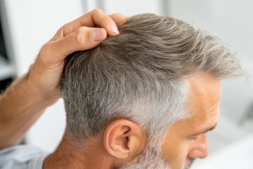 Fototapeta premium Close-up of a man receiving a hair thinning consultation in a bright salon