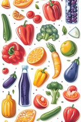 Colorful fruits and vegetables with soda bottle, on white background.