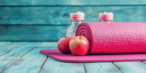 Yoga mat with water bottles and apples, emphasizing health and wellness practices.