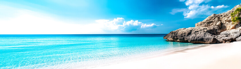 Fototapeta premium A serene beach scene with clear turquoise waters, gentle waves, and a rocky shoreline under a bright blue sky.