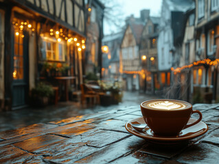 Steaming cup of coffee with latte art on a rainy street in a cozy town at dusk. 