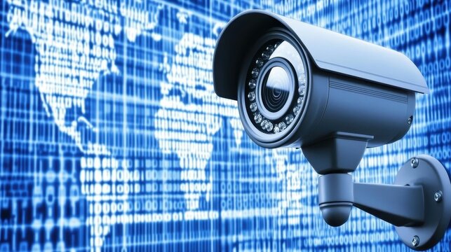 Global surveillance, security camera against binary code world map.