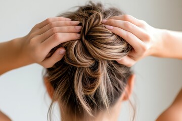 Obraz premium Woman styling her hair into a bun showing a fresh and natural hairstyle in a bright indoor setting