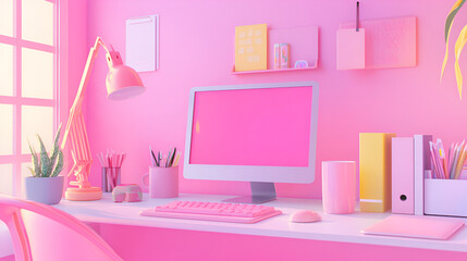 Home office with a color coordinated setup from notebook to mug and tech devices creating a harmonious workspace Copy space