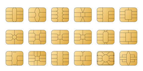 EMV chip golden vector icons. Contactless payment at terminals and ATMs. Set line nfc symbol. Square computer microchips for credit debit cards. 