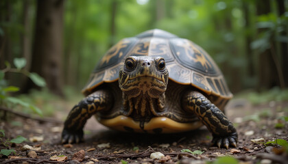 Obraz premium Large Turtle Looking at Camera Close-Up in Forest