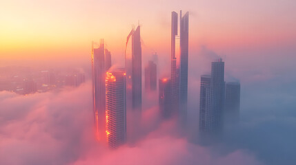 Fototapeta premium Downtown Dubai with skyscrapers submerged in think fog. Picture taken from unique view. Tall buildings. Early morning glow