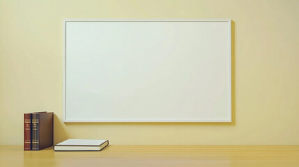 Blank Whiteboard on Wall with Books on Desk.