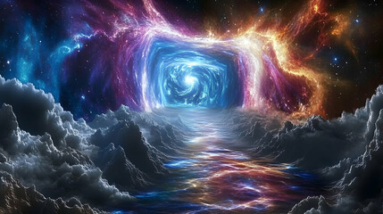 Digital 3D Artwork: Cosmic Nebula Swirls Enveloping a Glowing Portal Above a Cloud Sea Landscape