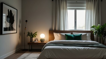 Here's a description and keywords for your image.. Modern bedroom interior with a cozy atmosphere, featuring a bed, nightstand, artwork, and plants.