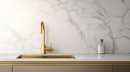 Elegant home kitchen interior with golden tap and stove, empty space