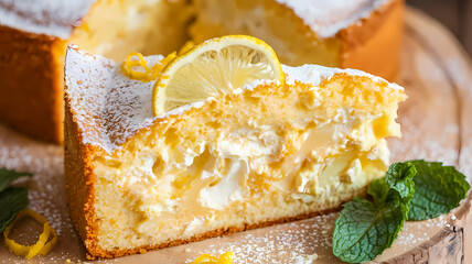 Lemon cake slice topped with a slice of lemon and mint leaves, revealing a creamy filling and dusted with powdered sugar.