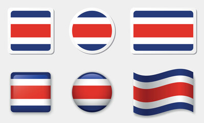 Flag of Costa Rica icons collection. Flat stickers and 3d realistic glass vector elements on white background with shadow.