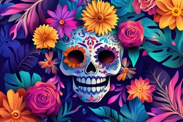 Vibrant sugar skulls adorned with flowers on a dark background