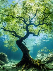 Submerged tree with lush foliage in clear water.