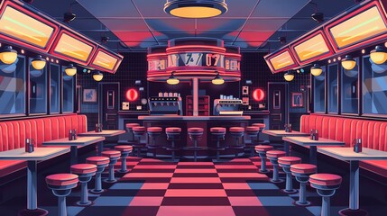 A retro diner with red booths and a checkered floor.