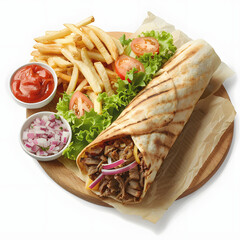 delicious shawarma complete with fries, meat served on wooden table with a white accent, minimalism, png
