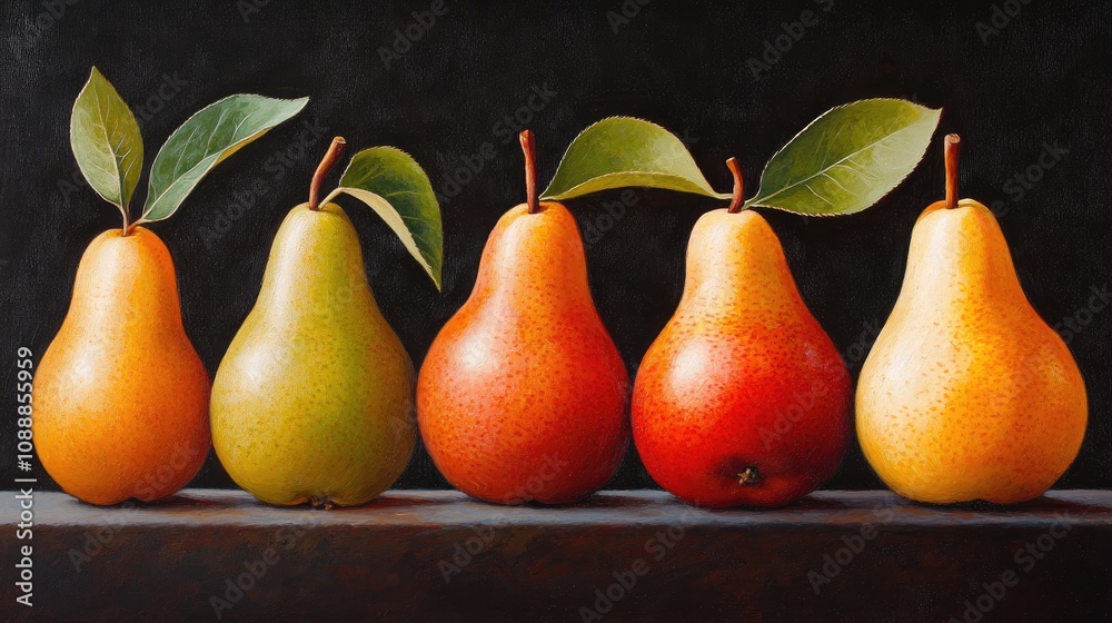 Poster five colorful pears resting on a dark surface
