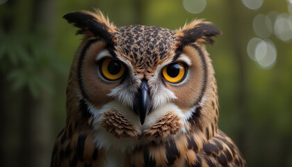 Obraz premium Owl Looking at Camera Close-Up in Forest