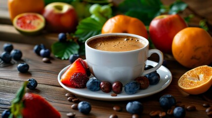 Coffee and fresh fruits arrangement kitchen table food photography natural light close-up refreshing morning concept