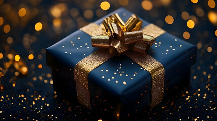 A Luxurious Navy Blue Gift Box with Gold Glitter Accents and Bow, Sparkling Festive Background