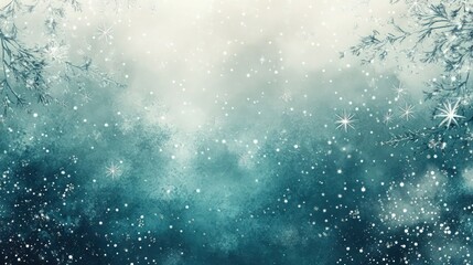 Fototapeta premium Sparkling teal and white winter snow background features delicate frozen branches creating a magical atmosphere for holiday marketing materials.