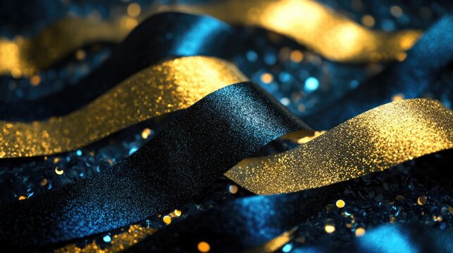 High-resolution image of glittering gold and blue confetti material. Perfect for celebrations, parties or any event that requires a touch of sparkle.