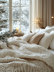 Cozy winter bedroom with knitted blankets and pillows, snow-covered view outside