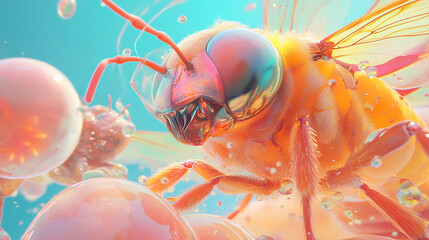 Close-up of a vibrant bee with iridescent eyes surrounded by colorful bubbles.