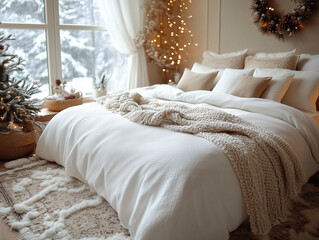 Cozy winter bedroom with festive decorations and warm lighting. 