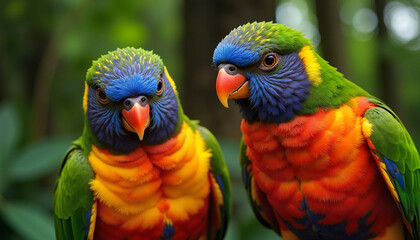 Fototapeta premium Parrots Looking at Camera Close-Up in Forest