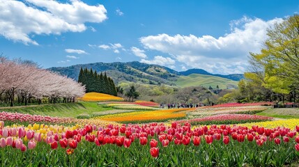 Fototapeta premium Vibrant Springtime Tulip Fields in Scenic Landscape